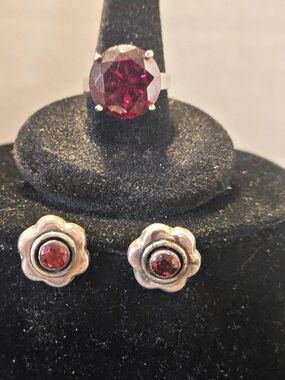 Red Gemstone 925 Silver Ring & Ruby Stones In 925 Silver Flower Stud Earrings